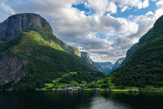 Dramatic fjord valley and village in Norway