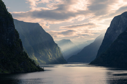 Dramatic fjord landscape in Norway at sunset