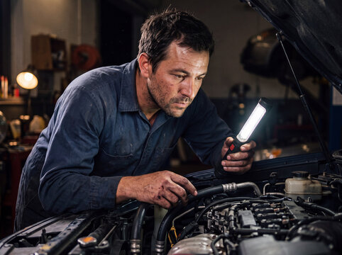 Auto mechanic inspect car engine with work light