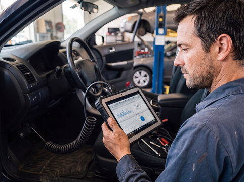 Auto mechanic use diagnostic tablet during car repair