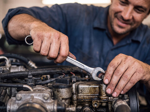 Auto mechanic repair engine with wrench in workshop