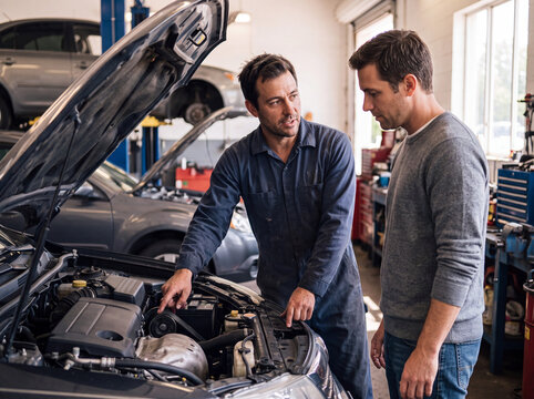 Auto mechanic explain car engine repair to customer