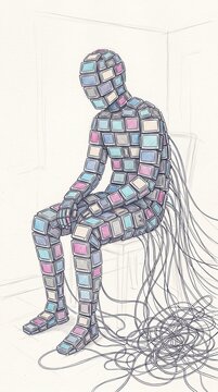 Surreal human silhouette made of television screens in fever dream style with tangled wires connected to the body sitting on a stool in a strange sketchy room.