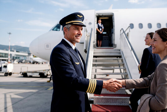 Airline pilot greeting passenger beside commercial airplane