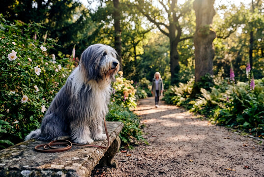 Collie dog wait on garden bench as woman approaches