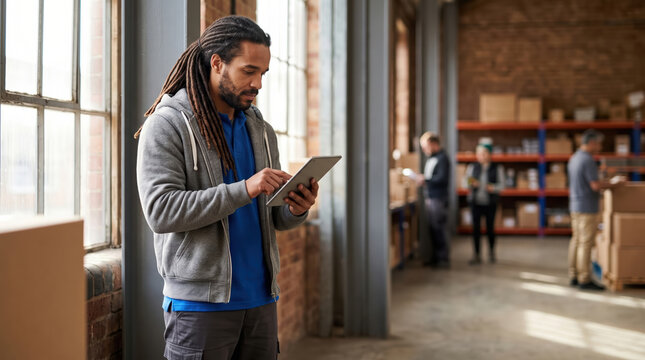 Courier review delivery route on tablet in warehouse