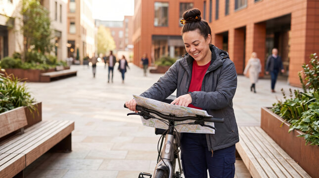 Delivery worker check route map on bicycle in city plaza
