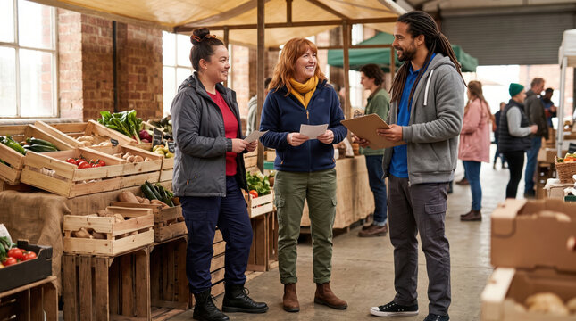 Delivery colleagues coordinate orders at local vegetable market