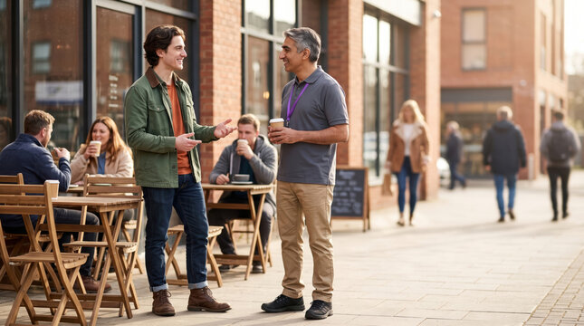 Delivery workers chat outside coffee shop before route