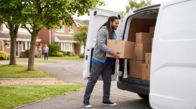 Delivery worker loading cardboard parcels from a white van