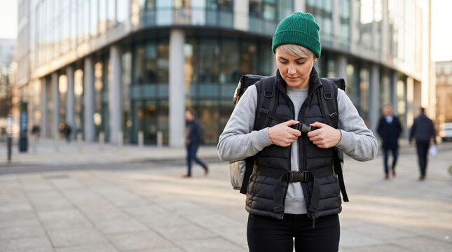 Courier adjust thermal backpack straps outside office building