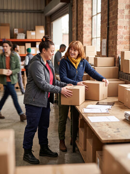 Couriers organize cardboard boxes in a bright logistics hub