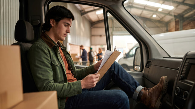Delivery driver check manifest inside warehouse van cabin