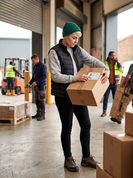 Delivery worker verify shipping label in industrial loading bay