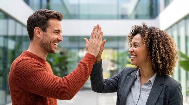 Business colleagues celebrate success with a high five