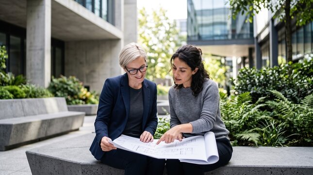 Businesswomen review project plans outside modern office