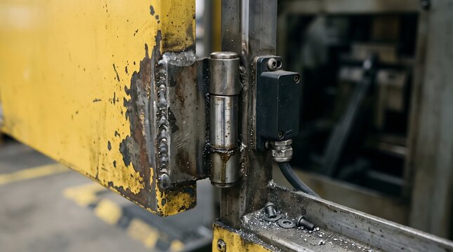 Close-up of a heavy-duty industrial machine safety hinge and interlock switch with welded joints, grease, and peeling paint