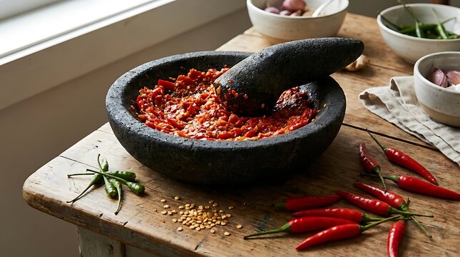 Spicy red chili paste in mortar with fresh chilies coriander seeds. sambal oelek