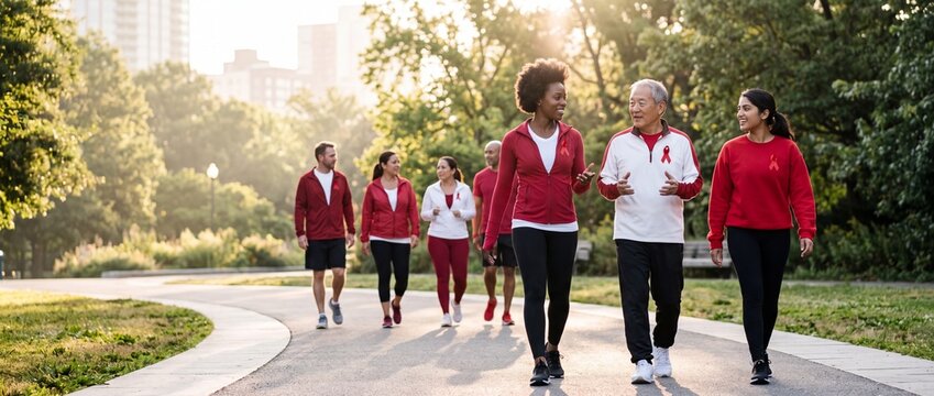 World AIDS Day charity walk with a diverse group of participants wearing red awareness ribbons, walking in a sunny park for a community health campaign