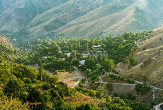 High angle view of central Yangiabad among lush trees in a mountain valley in Uzbekistan on an early June evening.