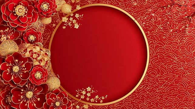 Elegant red floral frame with intricate golden details surrounds a central space, perfect for celebratory invitations and luxurious design