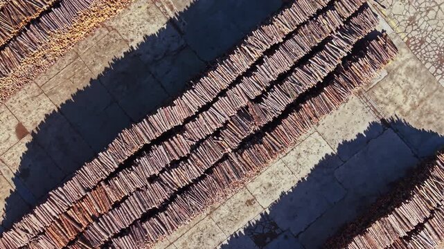 Rows of wooden roof tiles cover a stone surface, with long shadows stretching across the ground during daylight.