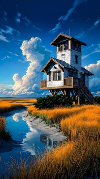 Wooden Stilt House by Winding Creek in Golden Marshland Landscape  