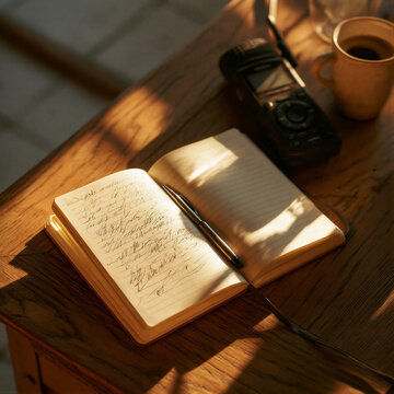 Overhead journalist workspace featuring an open notebook, pen, recorder and coffee cup on an oak desk. Warm golden light creates ample negative space ideal for editorial blogs and media branding.