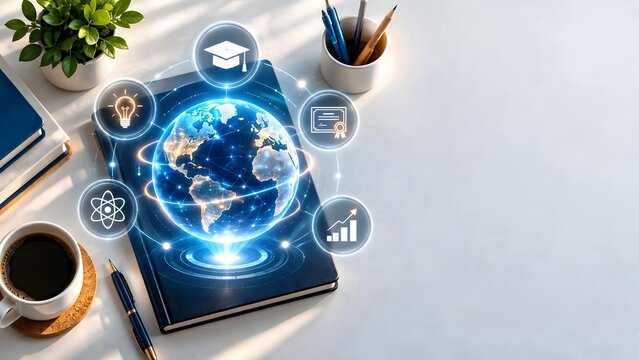Glowing digital globe hologram with education and science icons projecting from a notebook on a bright office desk with coffee cup pen and plant