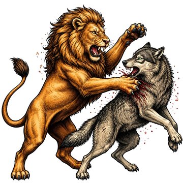 Fierce Lion Fighting Wild Wolf Detailed Vintage Vector Illustration Isolated on White Background
