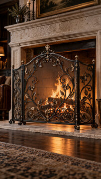 Ornate wrought iron screen before a glowing fireplace