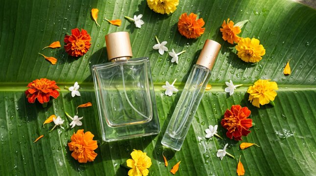 Clear perfume bottles surrounded by fresh colorful marigold flowers on a wet banana leaf