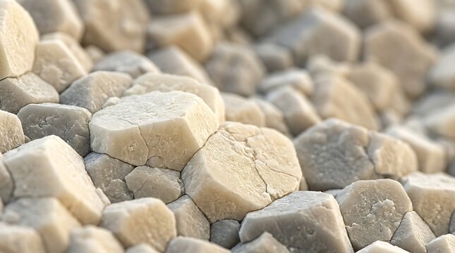 Macro view of natural crystalline mineral formations showing interlocking hexagonal structures and weathered stone surface details in soft warm light for textures.