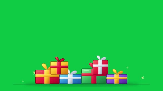 A cheerful minimalist 3D Christmas tree adorned with a glowing star and colorful ornaments, surrounded by neatly wrapped gift boxes on a solid green screen background. (160 characters)