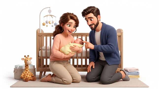 3D Parents Mascot Team with Newborn Baby in Nursery