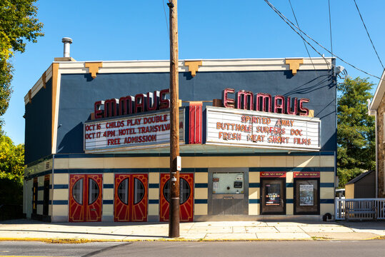 Emmaus, Pennsylvania, USA - Oct 15th 2026 - Historic Emmaus Theatre in Emmaus, Pennsylvania, featuring its vintage marquee and retro cinema character. 