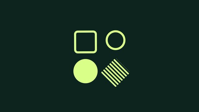 Lime green rounded square, circle and striped diamond shapes on a dark green background, minimalist abstract geometric pattern for modern designs