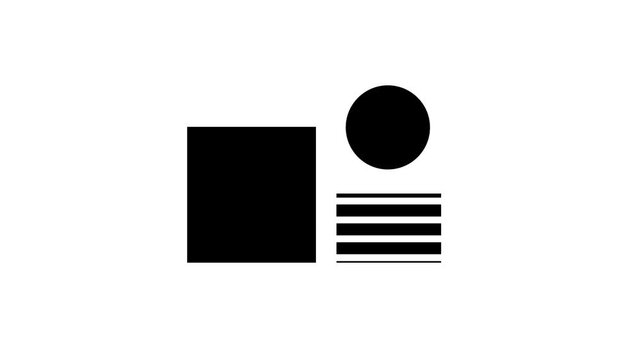 Black square, circle and stacked horizontal lines on a white background, minimalist geometric composition for abstract design and layout concepts