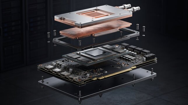 Exploded View of High Performance Computer GPU Hardware and Liquid Cooling System in a Modern Data Center Server Room Environment