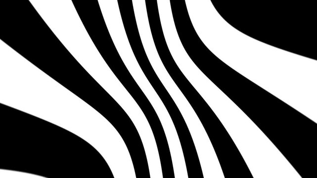 Dynamic black and white wavy zebra stripes in a flowing abstract pattern, high contrast optical illusion design for backgrounds and motion graphics