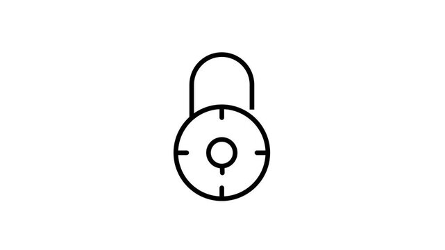 Black line icon of an open padlock with a circular dial on a white background, cyber security and data protection concept for modern technology design