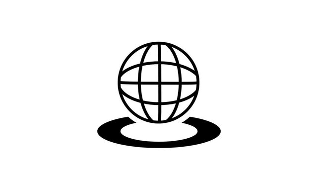 Black icon of a wireframe globe resting on an oval ring on a white background, worldwide network and global connection concept for business design