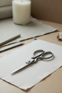 Tijeras sobre un escritorio de tono neutro; sugieren un proceso creativo