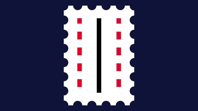White postage stamp with perforated scalloped edges featuring red dashed lines and a single bold black vertical line on a dark navy blue background