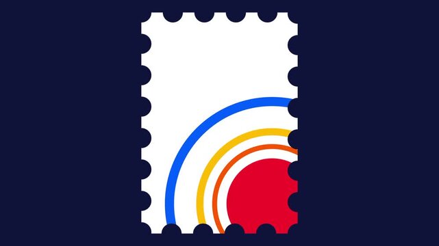 White postage stamp with perforated edges showing colorful rainbow arcs in blue yellow orange and red with a red gear shape on a dark navy background