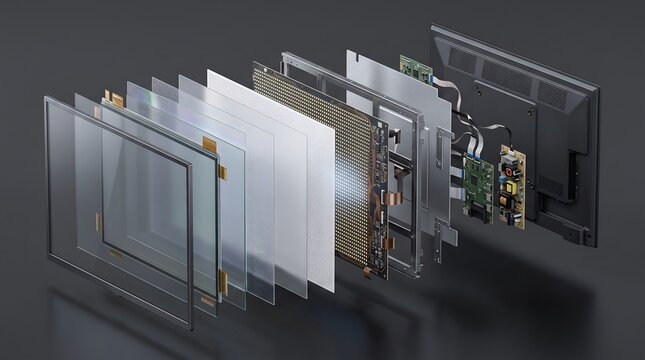Exploded view of a flat screen television showing internal display layers, hardware components, and circuitry on a dark background