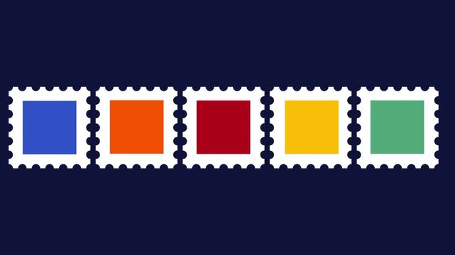 Row of five colorful postage stamps in blue orange red yellow and green with white perforated edges arranged horizontally on a dark navy background