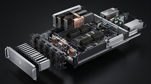 High-performance server hardware internals in detailed 3D render showing CPU, GPU, RAM, and liquid cooling components on a dark background.