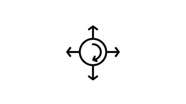 Black outline icon of a circular rotating arrow inside a circle with four directional arrows pointing up down left and right on a white background