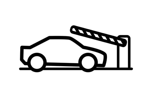 Black outline icon of a sedan car passing in front of a raised striped barrier gate boom arm with a booth representing a parking entrance on white